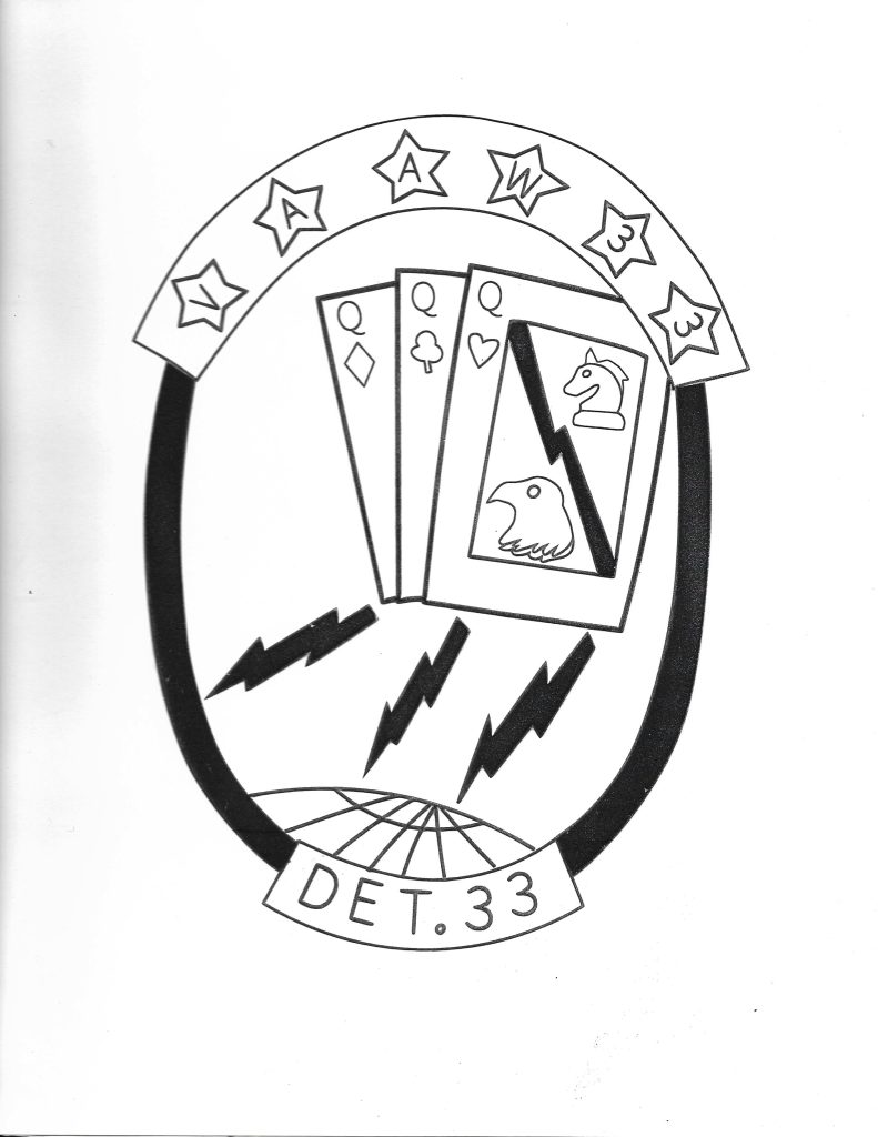 The Squadron VA(AW)-33 Mediterranean Cruise Patch, interpreted as a tactile graphic. It is an oblong patch associated with all-weather attack squadron VA(AW)-33 detachment 11. The patch has a border with six stars spelling "VAAW 33" above center image and "DET. 33" below. Both phrases are on arched backgrounds. In the center are three queen cards: queen of diamonds, hearts and clubs. The face of the top card has a lightning bolt diagonally down the center. The lower section has an eagle head and the upper section has a black knight chess piece (horse's head). Below the cards are three lightning bolts shooting toward a globe.