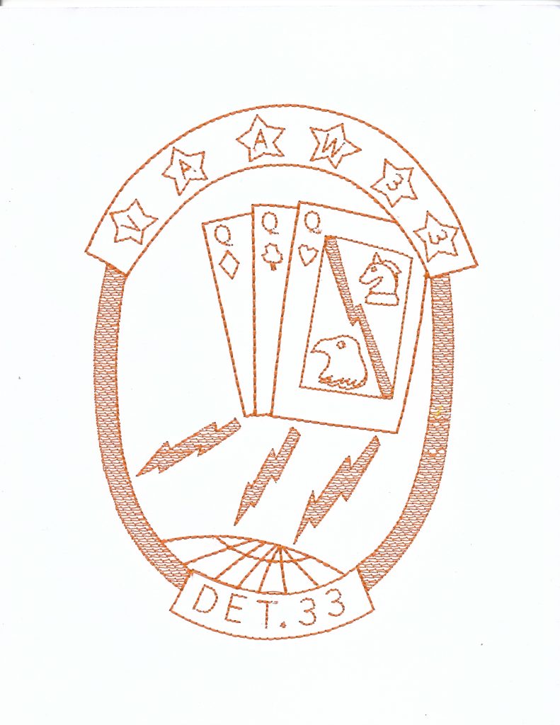 The Squadron VA(AW)-33 Mediterranean Cruise Patch, interpreted as a tactile graphic, stitched in orange thread on white paper. It is an oblong patch associated with all-weather attack squadron VA(AW)-33 detachment 11. The patch has a border with six stars spelling "VAAW 33" above center image and "DET. 33" below. Both phrases are on arched backgrounds. In the center are three queen cards: queen of diamonds, hearts and clubs. The face of the top card has a lightning bolt diagonally down the center. The lower section has an eagle head and the upper section has a black knight chess piece (horse's head). Below the cards are three lightning bolts shooting toward a globe.