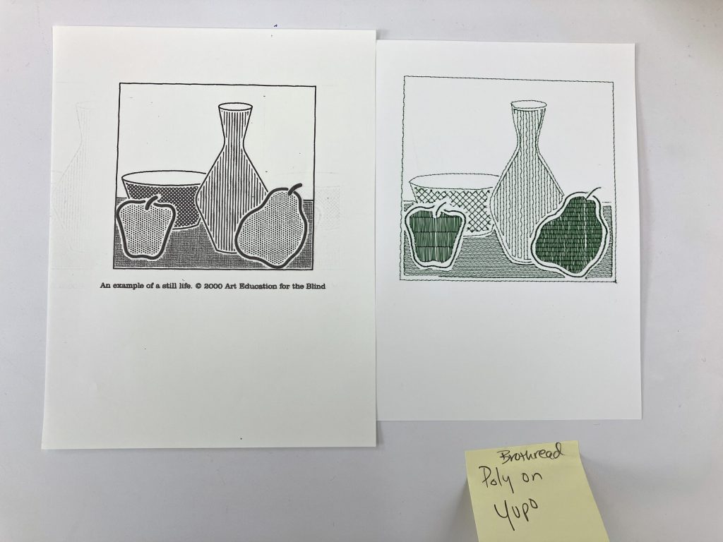 A tactile graphic of still life of a bowl, fruit and a vase rendered in microcapsule on the left and stitched in green thread on Yupo paper on the right.