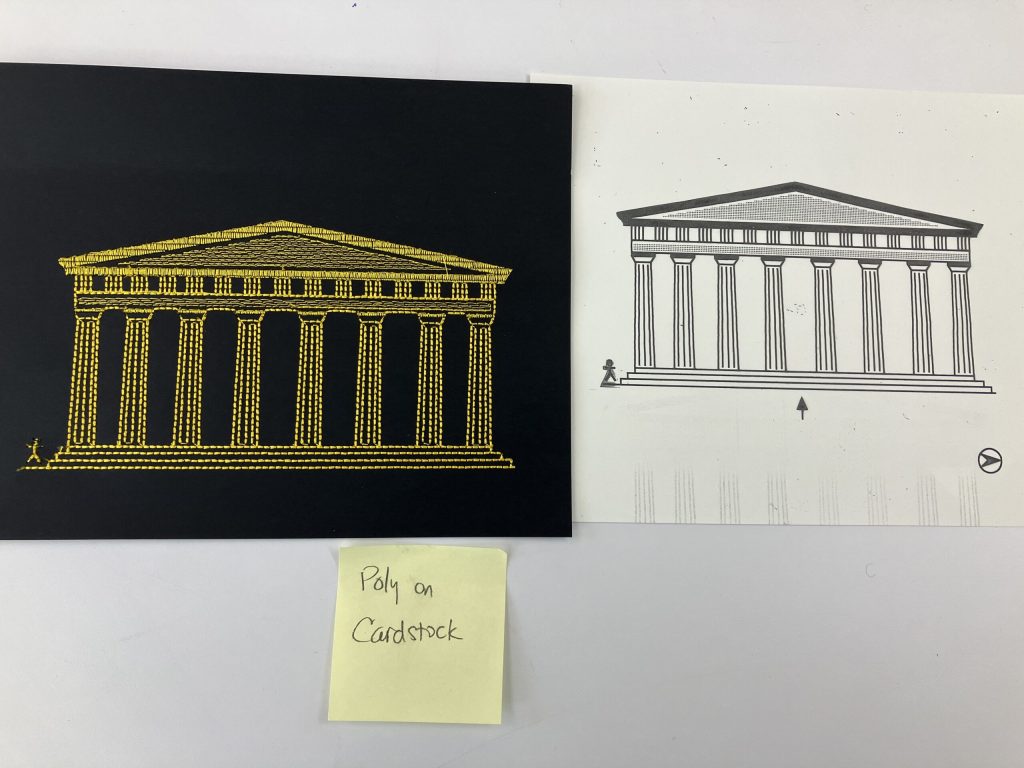 A tactile graphic of the Parthenon stitched in gold thread on black paper (left) and in microcapsule (right).